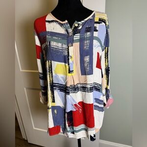 John Mark Tunic Top Blouse Henley Button Roll Tab Long Sleeves Abstract